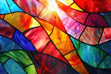 Vibrant stained glass background with bright colors and intricate patterns. Thick brush strokes applied.
