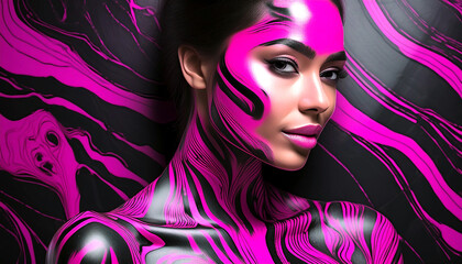 Gorgeous brunette female model with exotic hot pink and black body paint at the club.