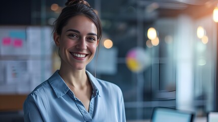 Fototapeta premium Happy Woman with Project Plan in Blurred Conference Room, Woman, project plan, blurred