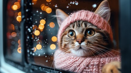 A cat wearing a pink hat and a pink scarf is looking out the window
