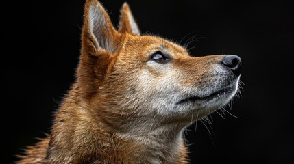 A dog with a brown face and brown fur is looking up at the camera