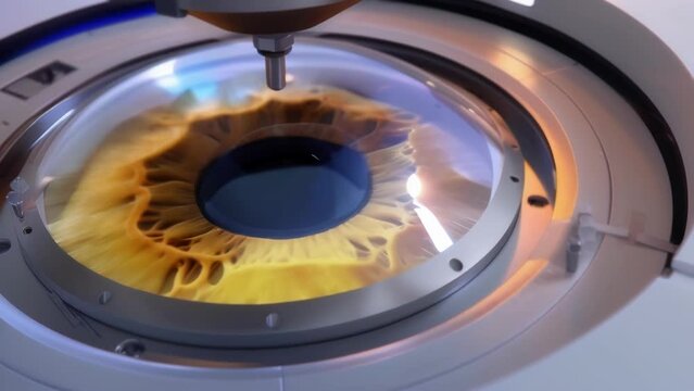 Closeup of a robotic tool delicately removing cataracts from the lens of an eye guided by advanced imaging technology. .