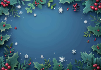 a blue background with holly and snowflakes