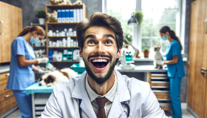 Obraz premium photorealistic portrait of a joyful veterinarian in a veterinary clinic, interacting with animals