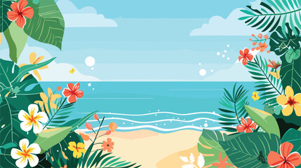Fototapeta na wymiar Summer sale banner with beach and sea floral frame. Vector