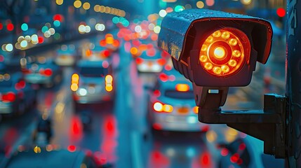 Obraz premium City Traffic Surveillance Camera: Evening Traffic Monitoring