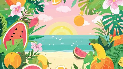 Summer sale banner with fruits character beach landsc