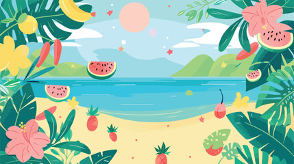 Summer sale banner with fruits character beach landsc