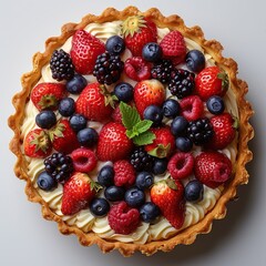 Obraz premium A close-up image of a delicious-looking mixed berry tart with a buttery crust.