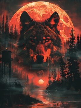 A large black wolf with glowing red eyes stands in a dark forest. The full moon is red.