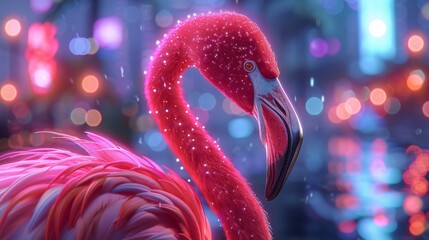 A pink flamingo is standing in a city street with bright lights and reflections
