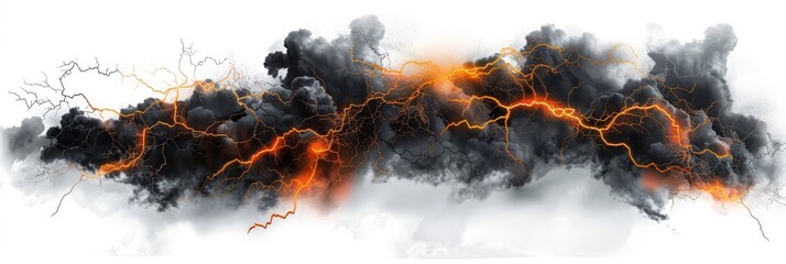 Dramatic black clouds, smoke and lightning isolated on white background. A burning sky in a horror movie. Crimson storm in apocalyptic, judgment day. High quality photo