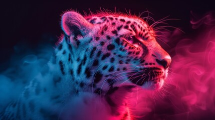 A leopard is shown in a blue and pink color scheme