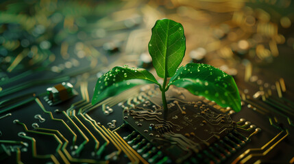 Green Plant Sprouting from Circuit Board Representing Eco Technology