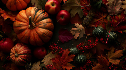 Autumnal Harvest with Pumpkins and Apples Amid Fallen Leaves
