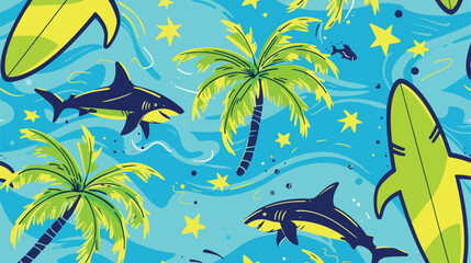Fototapeta na wymiar Summer seamless pattern design.Palm tree surfboard sh