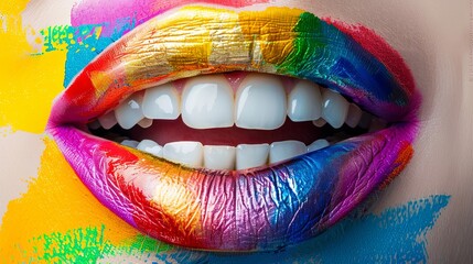 Vivid rainbow lips and bright smile showcasing dental beauty