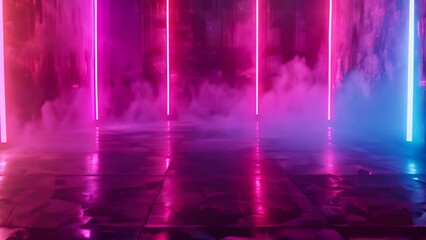 Futuristic neon party room interior, Vibrant purple and blue future rave lights in moody sci-fi ambience smoke fog filled floor