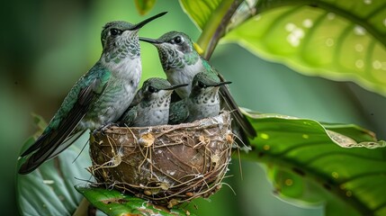Naklejka premium Mother hummingbird with chicks in leafy habitat