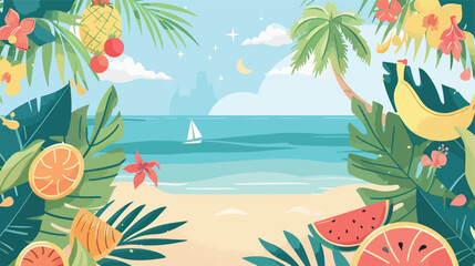 Fototapeta na wymiar Summer time card with fruits character beach landscape