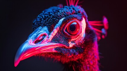 A close up of a peacock's face with a red glow