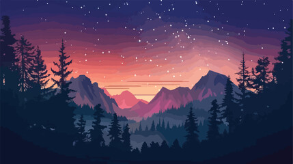 Sunset in the forest vector illustration with starry