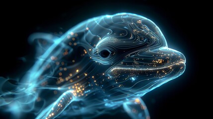 A close up of a dolphin with a blue and white color scheme