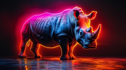 A rhino is standing in a dark room with neon lights
