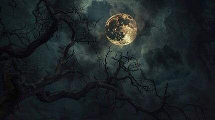 Mysterious full moon peering through silhouetted branches at night