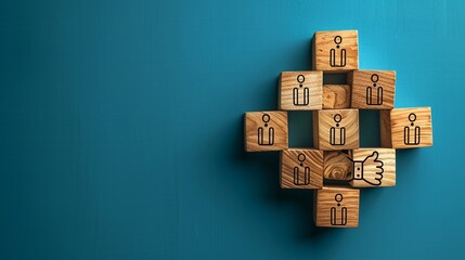 Fototapeta premium Graphic display of wooden blocks on a deep blue backdrop, screenprinted handshakes connected by drawings of people, concept of collaborative agreements