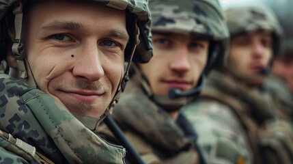 Close-up portrait of smiling young adult soldier with comrades in camouflage - obrazy, fototapety, plakaty