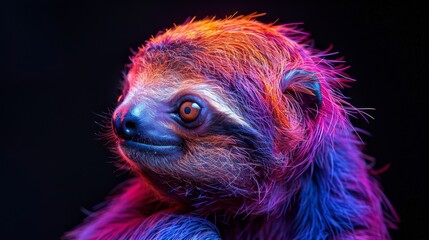 A colorful sloth with a pink nose and blue eyes