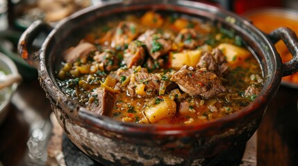 Traditional Angolan cuisine. Kabidela made of rice and poultry or game meat, cooked together with animal blood.