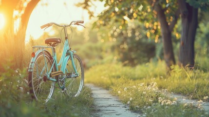 A serene scene with a vintage blue bicycle parked on a peaceful, sunlit path lined with dandelions during golden hour. - Powered by Adobe