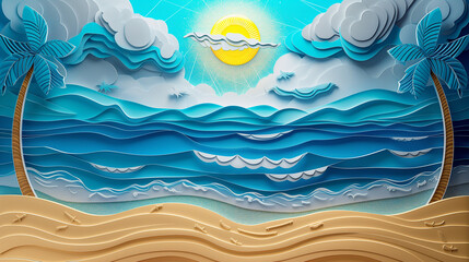 Geometric fractal beach with golden sand and blue sea 3D