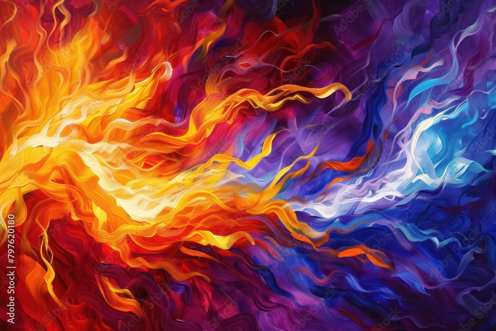 Poster An intense fire backdrop with vibrant swirling patterns and bold brushstrokes, showcasing bright colors.
