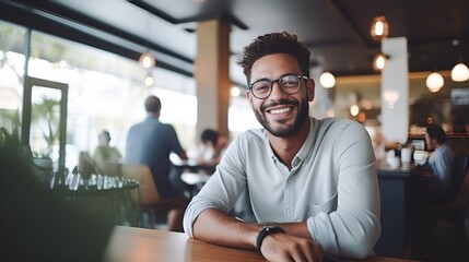 Fototapeta premium Happy Entrepreneur with Coffee Cup in Blurred Urban Setting, Entrepreneur, coffee cup, blurred