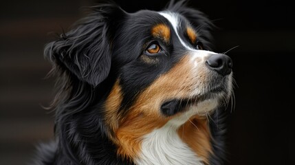 A dog with a black and brown coat and white fur