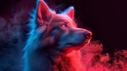 A wolf with a blue eye stares at the camera - obrazy, fototapety, plakaty