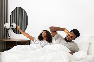 Couple Waking Up In Bed, Stretching, Morning Routine, Comfortable Sleep, Happy Relationship, Modern Bedroom Interior