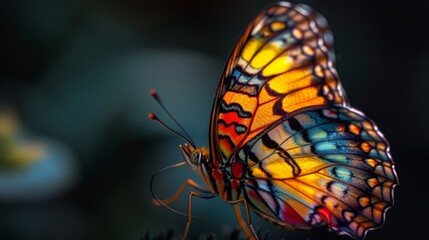 A colorful butterfly with red and yellow wings is perched on a leaf - obrazy, fototapety, plakaty