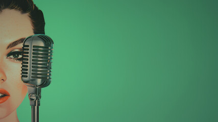 Woman singer at old microphone and space for text. Girly female concept for radio advertising, jazz concert posters and music podcasts