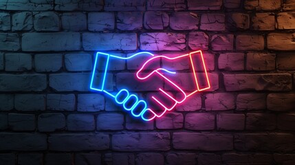 Handshake icon neon on brick wall background