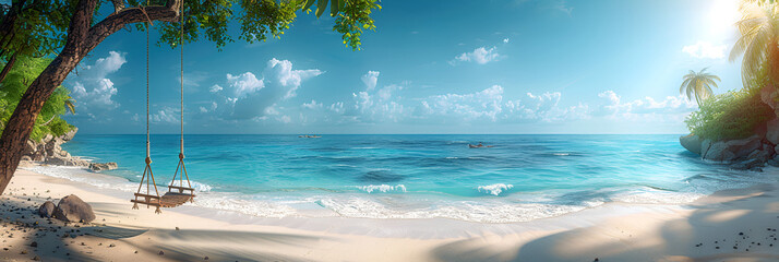 Tropical beach panorama as summer relax landscap,
A beach with palm trees and a hut on the shore