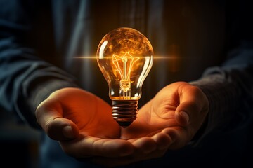 Hand holding a light bulb on blurred background. Business idea concept.