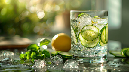 Refreshing Glass of Water With Cucumber Slices and Mint