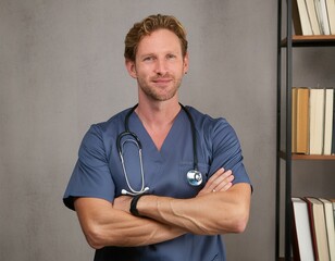 Happy male nurse or doctor in scrubs with his arms crossed