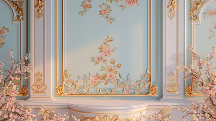 Pastel-colored walls decorated with rococo floral patterns and a decorative podium