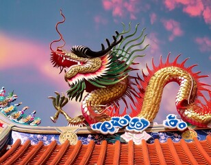 Fototapeta premium Chinese dragon statue on the roof