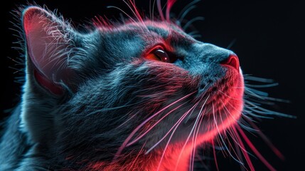 A cat with a glowing blue eye stares at the camera - obrazy, fototapety, plakaty
